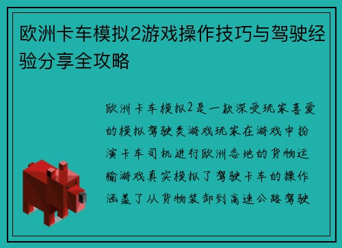 欧洲卡车模拟2游戏操作技巧与驾驶经验分享全攻略